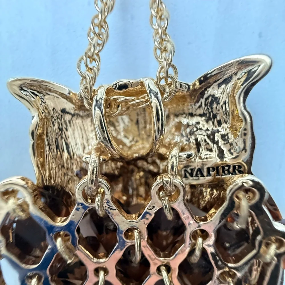 Vintage Napier‎ Necklace Gold Tone Articulated Owl New Amber Stones Large 32”